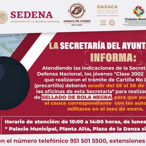 Convoca Ayuntamiento de Oaxaca a jóvenes del Servicio Militar a cumplir con sellado de “Bola negra”