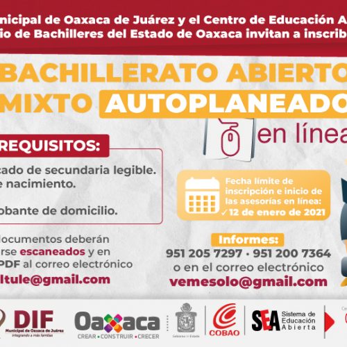 DIF Municipal de Oaxaca de Juárez y COBAO te invitan a iniciar o continuar tu educación media superior