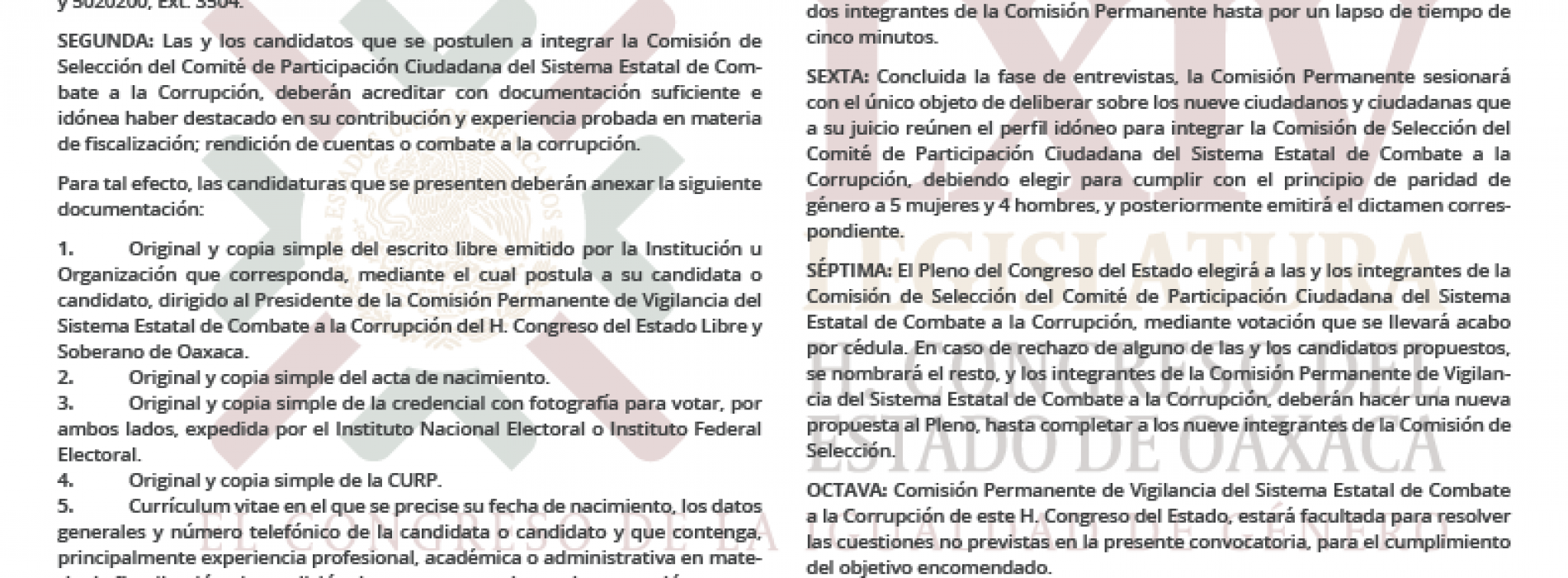 Convoca Congreso a renovar la Comisión de Selección del organismo estatal ciudadano en materia anticorrupción