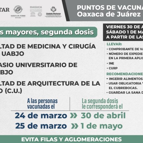 Adultos mayores de Oaxaca de Juárez recibirán segunda dosis contra COVID-19 el 30 de abril y 1 de mayo