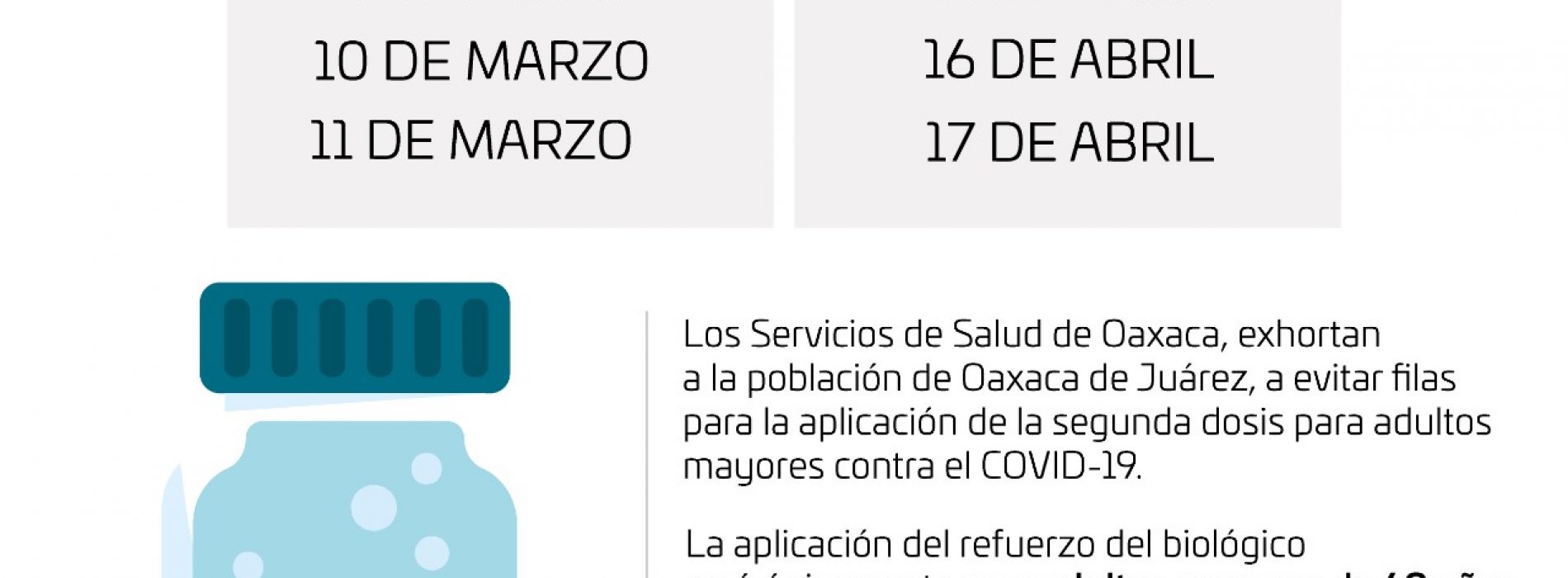 Se aplicará en Oaxaca de Juárez segunda dosis contra COVID-19 los días 15, 16 y 17 de abril
