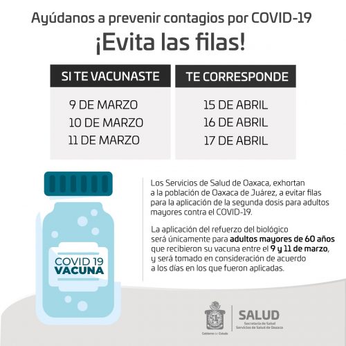 Se aplicará en Oaxaca de Juárez segunda dosis contra COVID-19 los días 15, 16 y 17 de abril