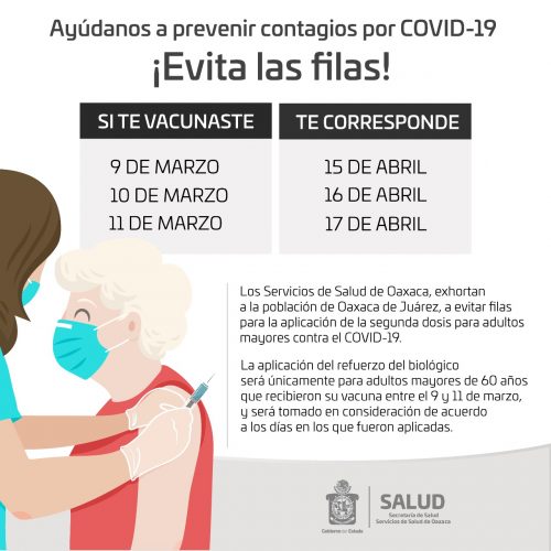SSO hace un llamado a evitar filas para la aplicación de la segunda dosis  de la vacuna contra la COVID-19 en Oaxaca de Juárez