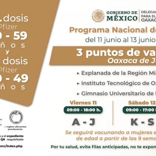 Aplicarán vacuna contra COVID-19 a personas de 50 a 59 años segunda dosis y primera dosis a 40 a 49 años en Oaxaca de Juárez