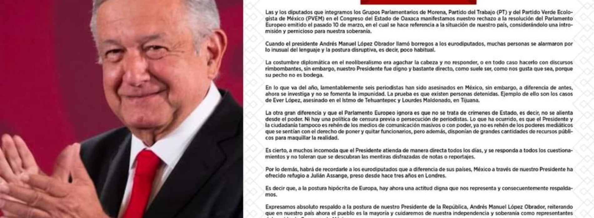Bancadas de #Morena, #PT y #Verde en Oaxaca respaldan a #AMLO tras postura a eurodiputados